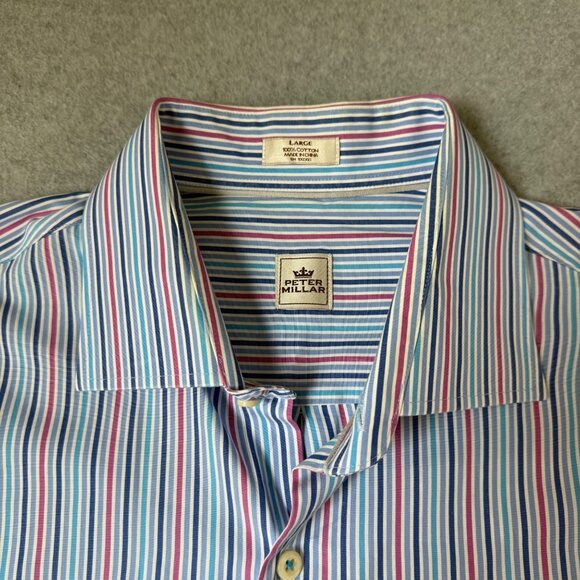 Peter Millar Mens Size Large Blue Pink Striped Button Front Shirt Collared LS - Picture 3 of 15